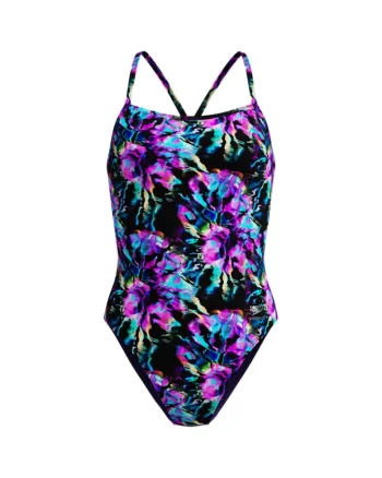 Costum inot femei  FL Printed V-Back 2.0 negru/mov – Endurance+, rezistent la clor, Negru | Mov