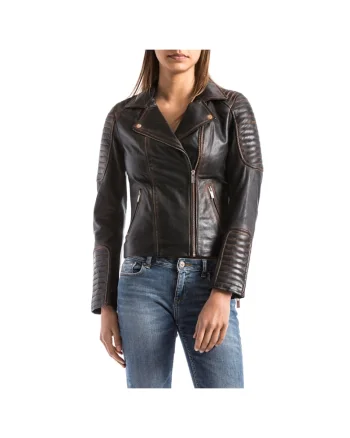 Jacheta biker dama  VOLGA, Piele, Maro, Negru