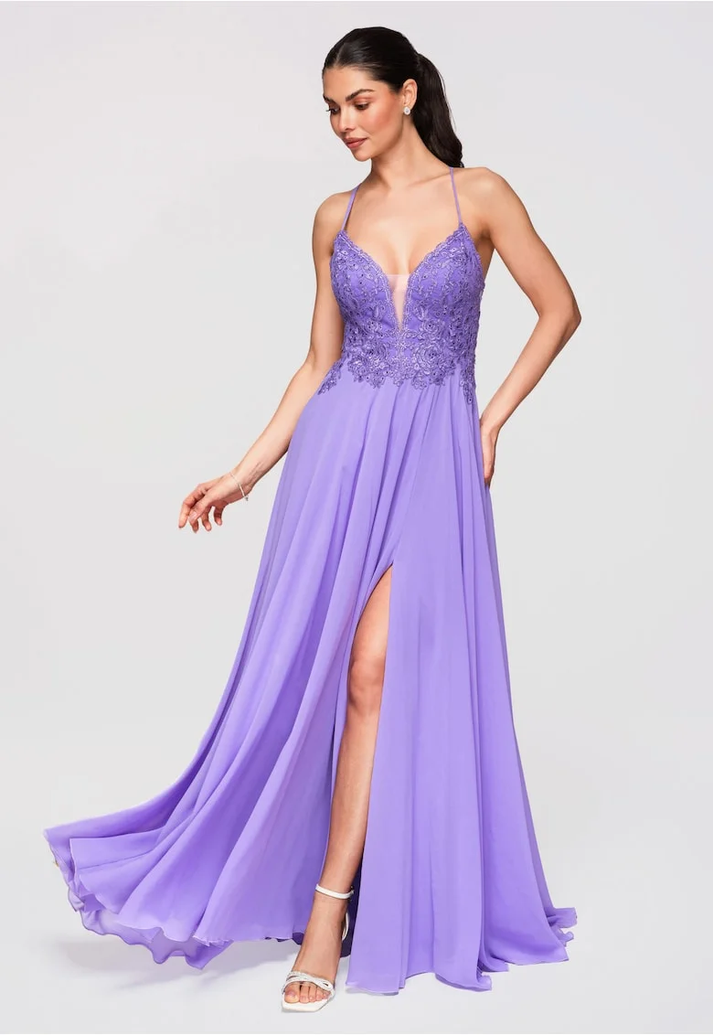 Rochie Maxi de Seara Violeta cu Dantela si Spate Decupat, Violet