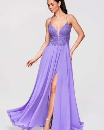 Rochie Maxi de Seara Violeta cu Dantela si Spate Decupat, Violet