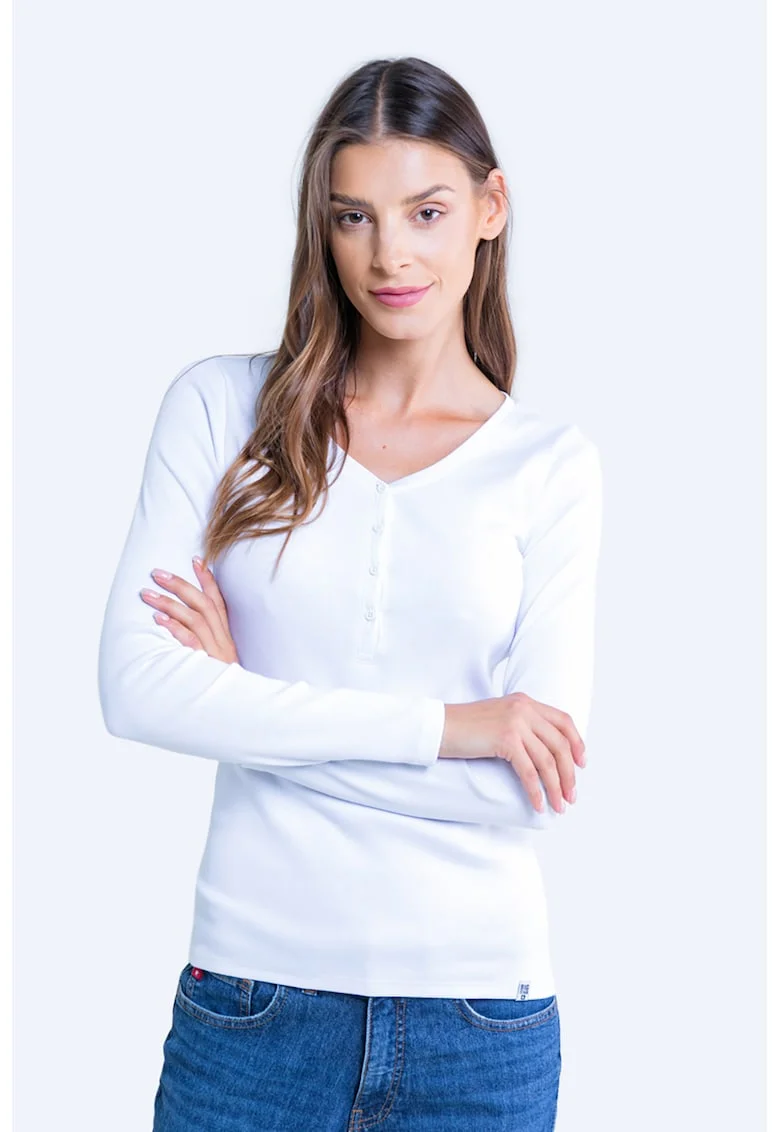 Bluza striata cu fenta cu nasturi, Alb