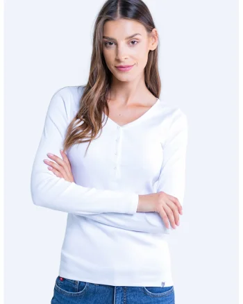 Bluza striata cu fenta cu nasturi, Alb