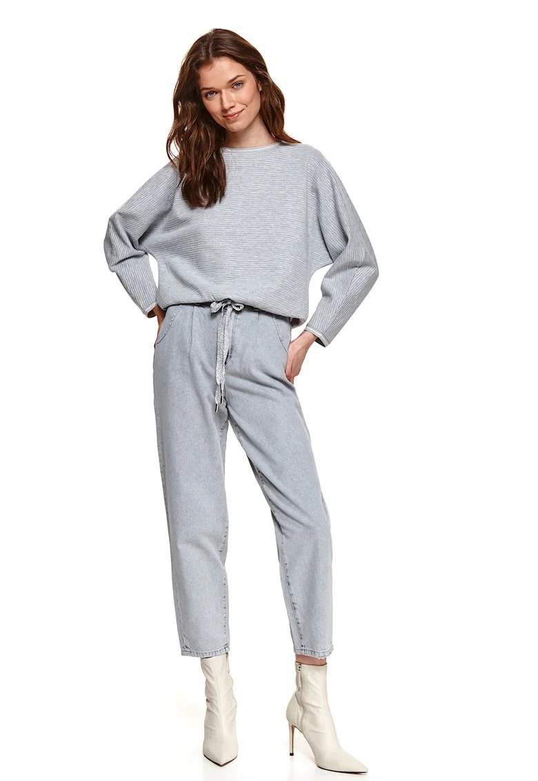 Bluza lejera cu decolteu la baza gatului, Alb/Gri deschis