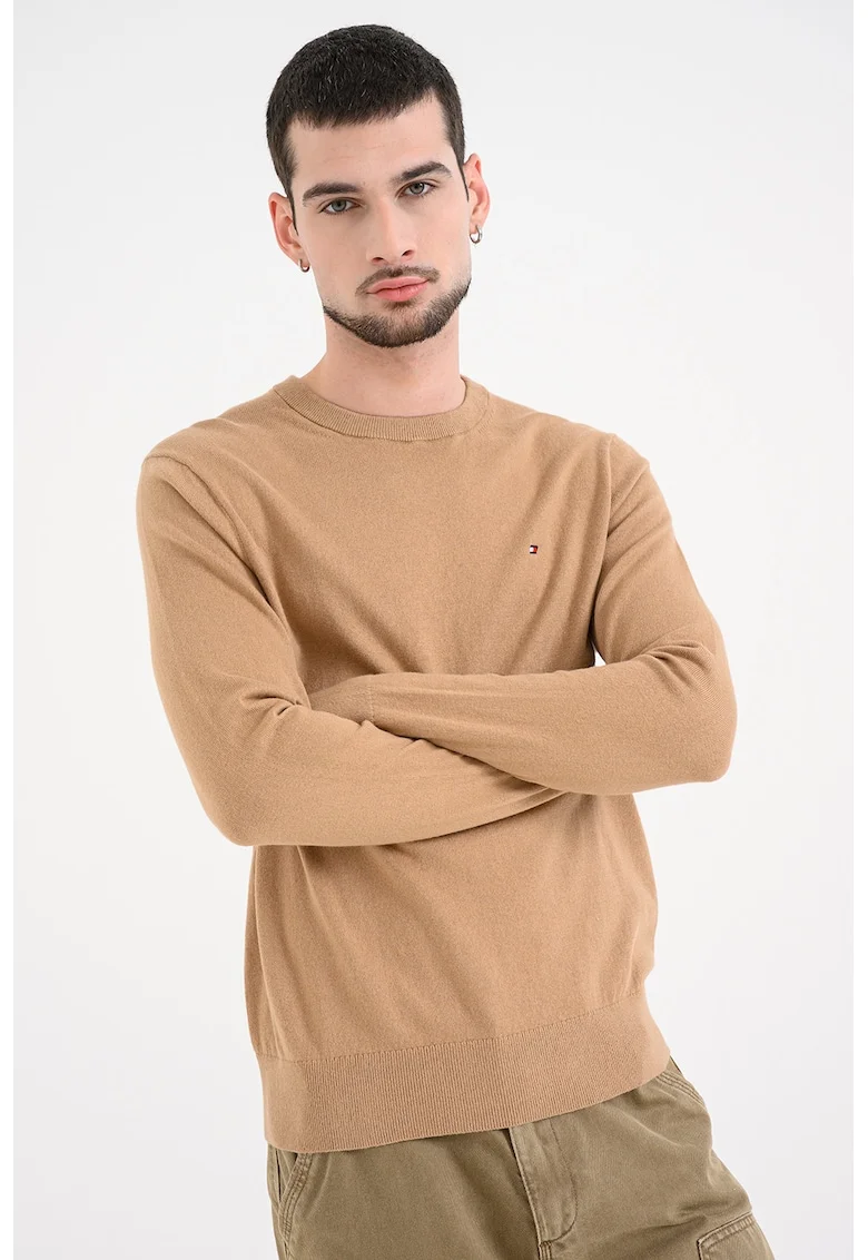 Pulover din amestec de casmir si bumbac organic cu decolteu la baza gatului, Maro deschis