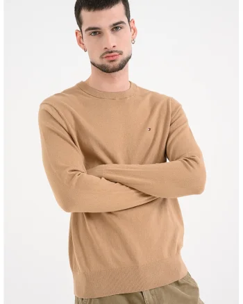 Pulover din amestec de casmir si bumbac organic cu decolteu la baza gatului, Maro deschis