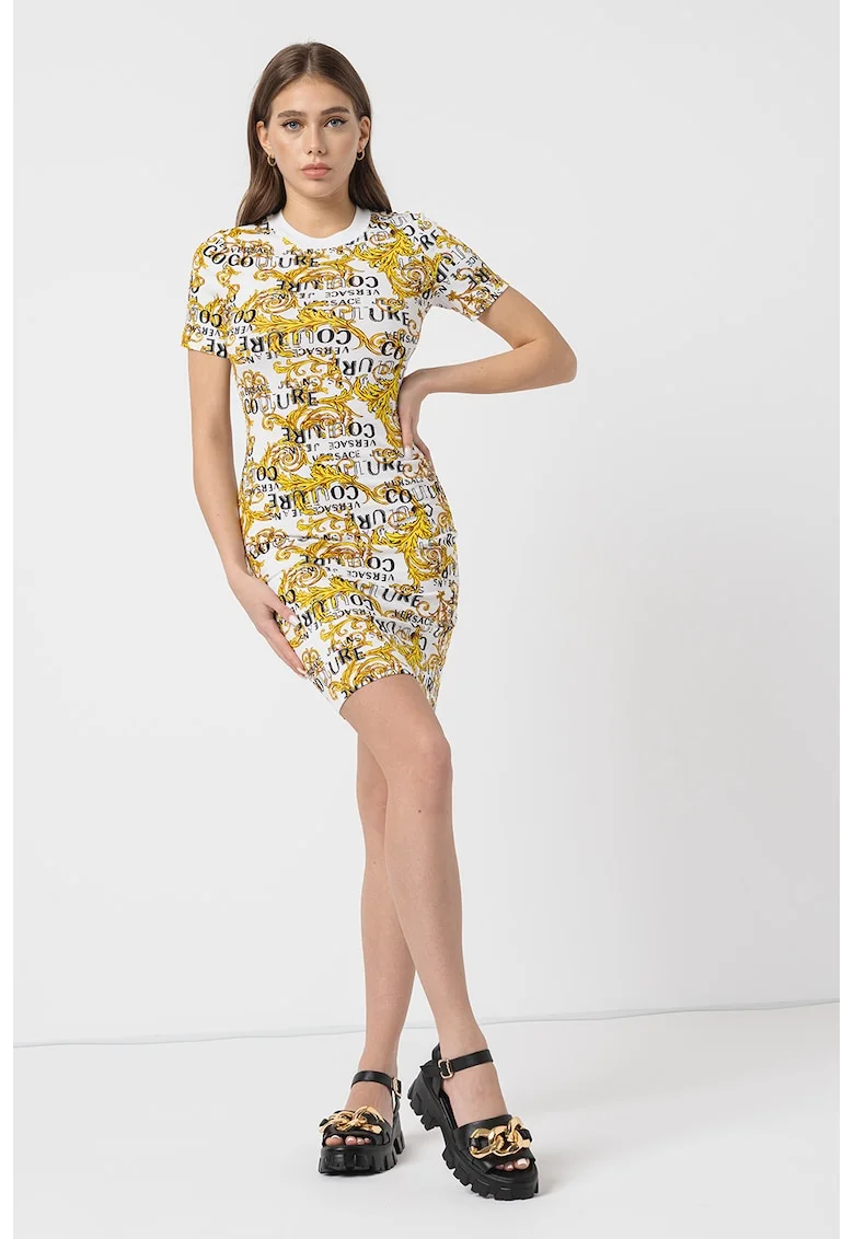 Rochie cambrata cu model logo, Alb/Negru/Galben