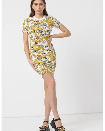 Rochie cambrata cu model logo, Alb/Negru/Galben