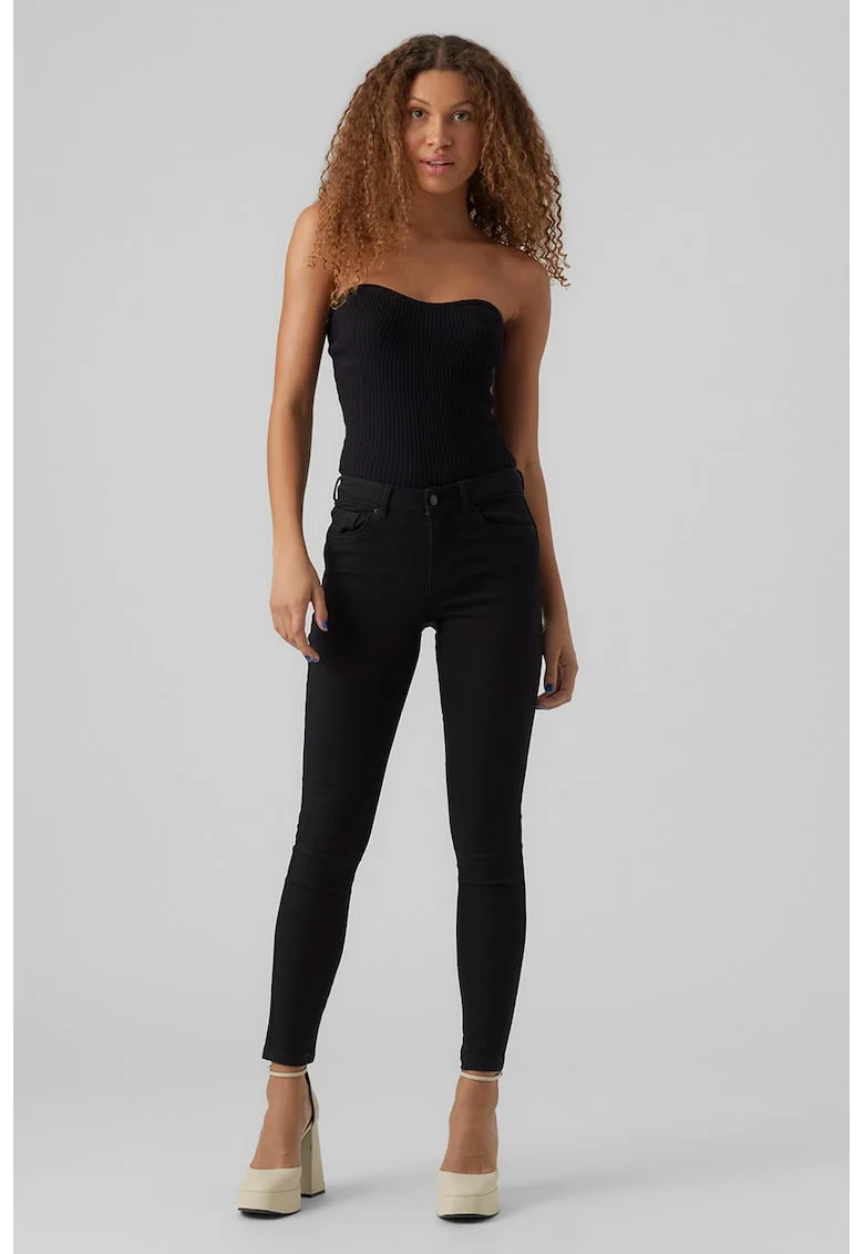 Blugi slim fit cu talie medie si model cu 5 buzunare, Negru
