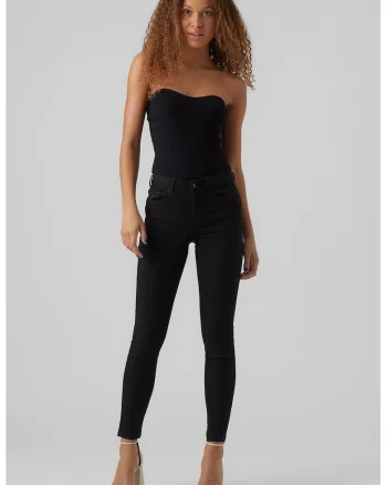 Blugi slim fit cu talie medie si model cu 5 buzunare, Negru