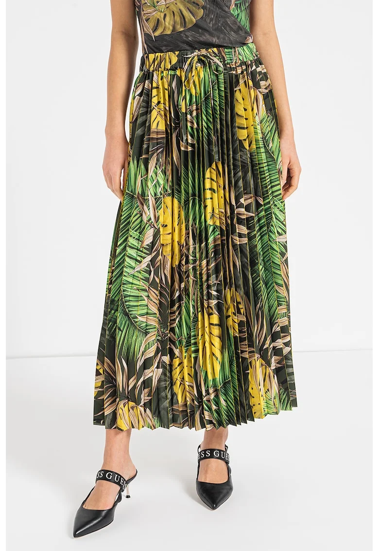 Fusta midi cu pliuri si imprimeu tropical, Verde