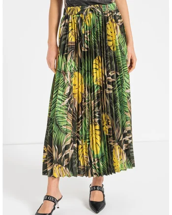 Fusta midi cu pliuri si imprimeu tropical, Verde