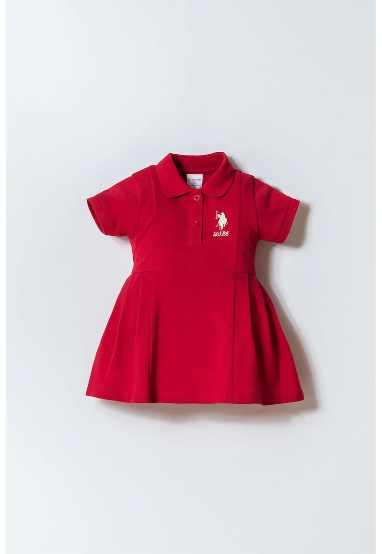 Rochie evazata din bumbac cu guler polo, Alb/Rosu cireasa