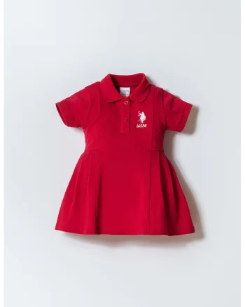 Rochie evazata din bumbac cu guler polo, Alb/Rosu cireasa