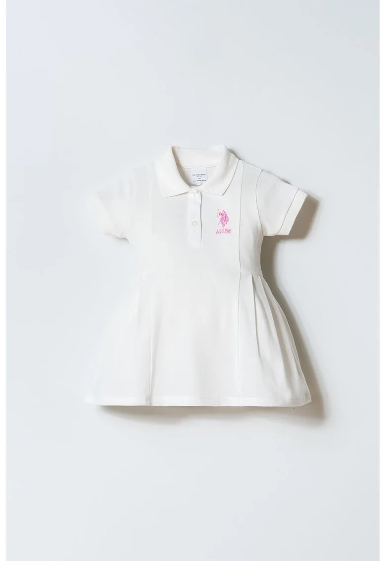 Rochie evazata din bumbac cu guler polo, Alb murdar/Roz