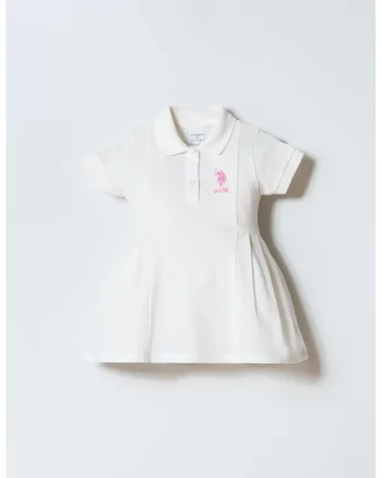 Rochie evazata din bumbac cu guler polo, Alb murdar/Roz