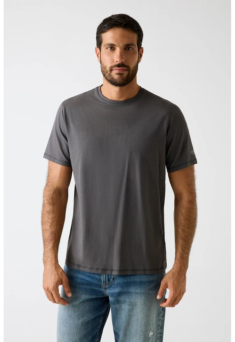 Tricou din amestec de modal cu decolteu la baza gatului, Gri inchis
