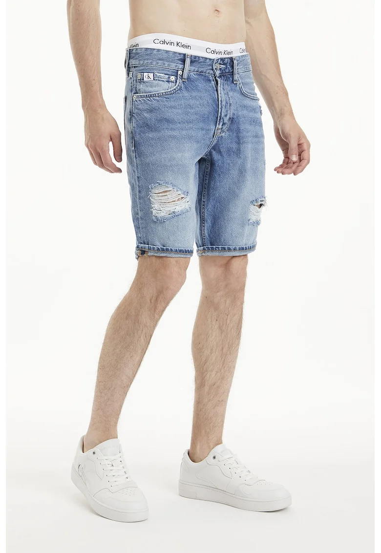 Bermude din denim cu talie medie si rupturi decorative, Albastru pastel