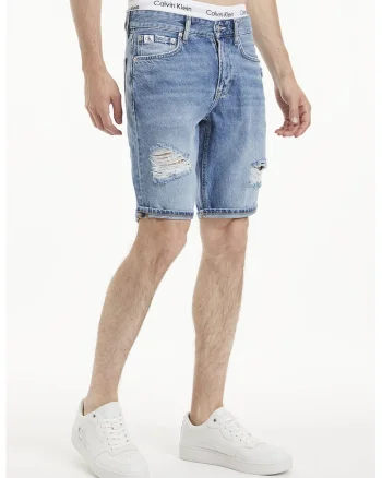 Bermude din denim cu talie medie si rupturi decorative, Albastru pastel