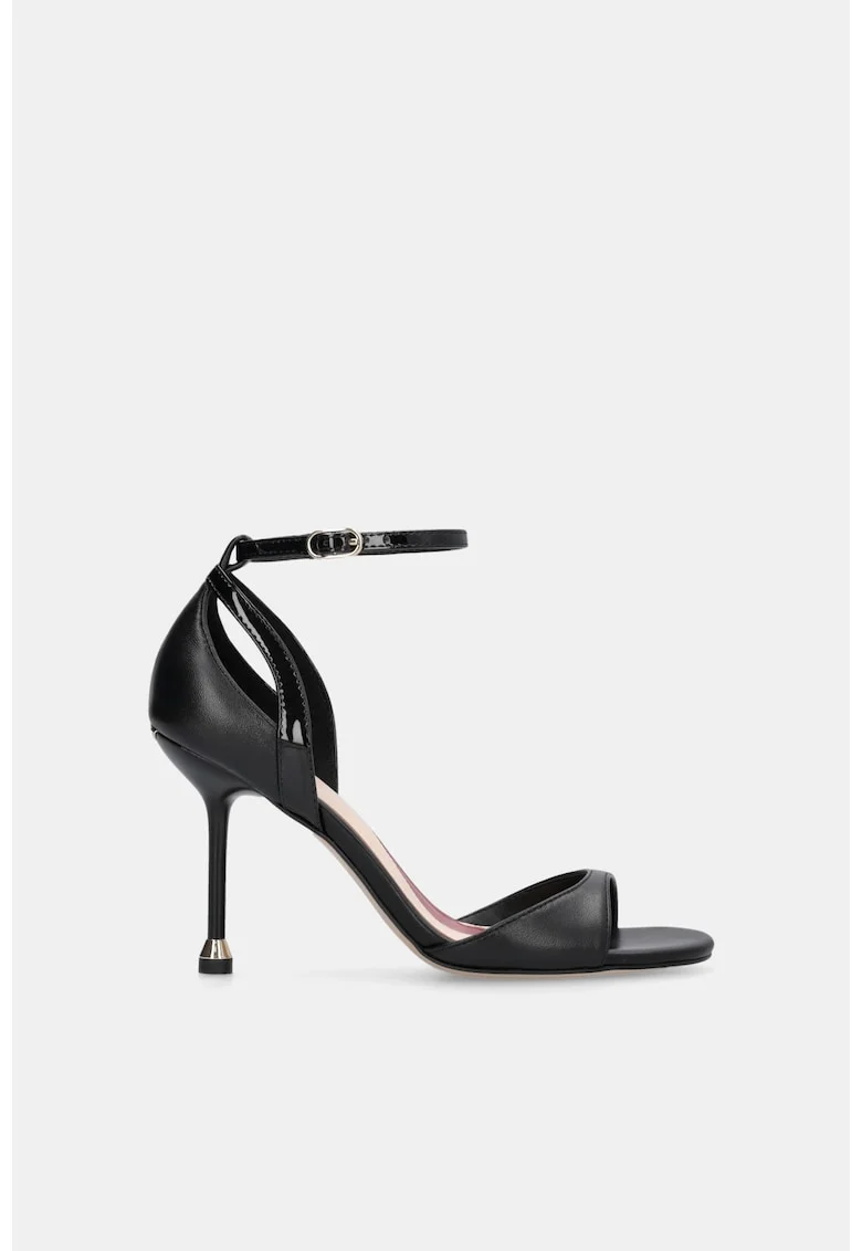 Sandale stiletto de piele cu bareta pe glezna, Negru
