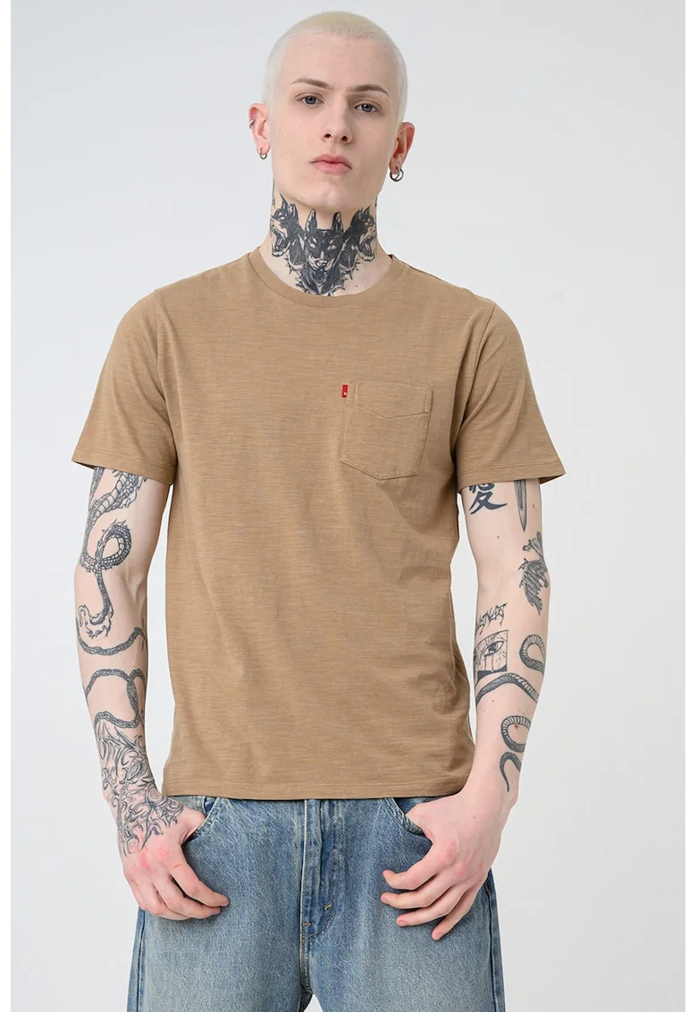 Tricou de bumbac cu buzunar pe piept, Maro deschis