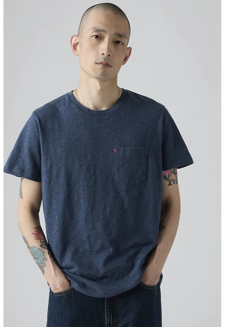Tricou de bumbac cu buzunar pe piept, Albastru melange