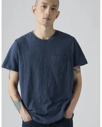 Tricou de bumbac cu buzunar pe piept, Albastru melange