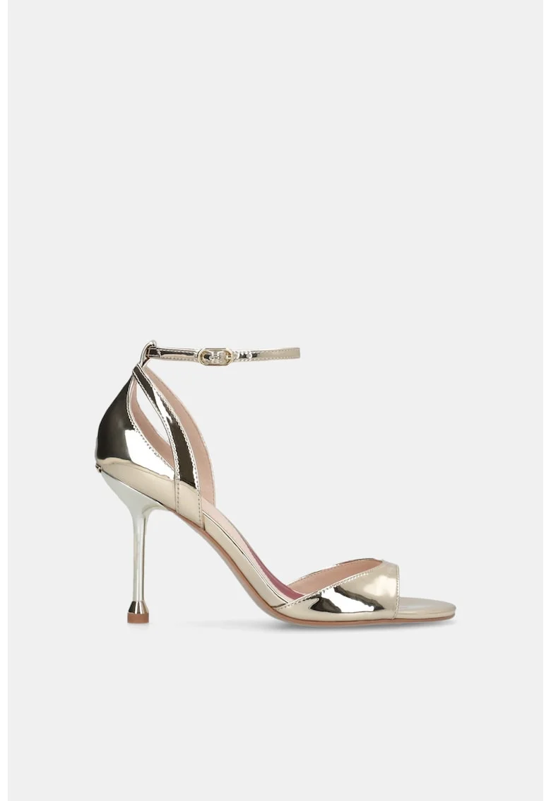 Sandale stiletto cu aspect lacuit si bareta pe glezna, Auriu