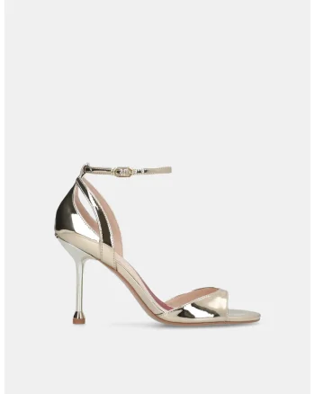 Sandale stiletto cu aspect lacuit si bareta pe glezna, Auriu