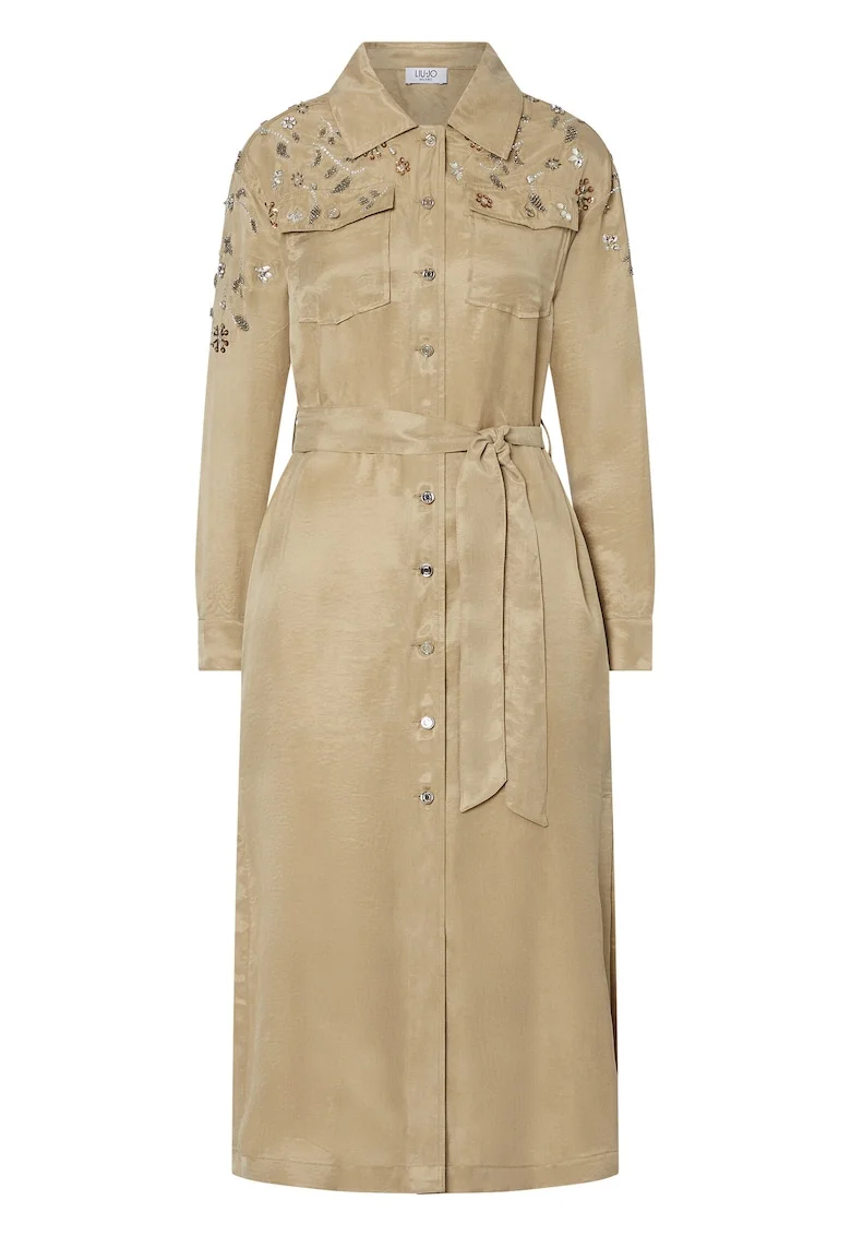 Rochie midi cu broderie cu bijuterie, Maro camel