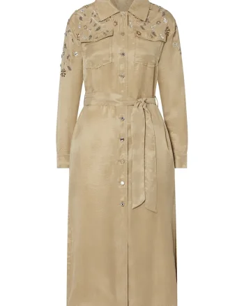 Rochie midi cu broderie cu bijuterie, Maro camel