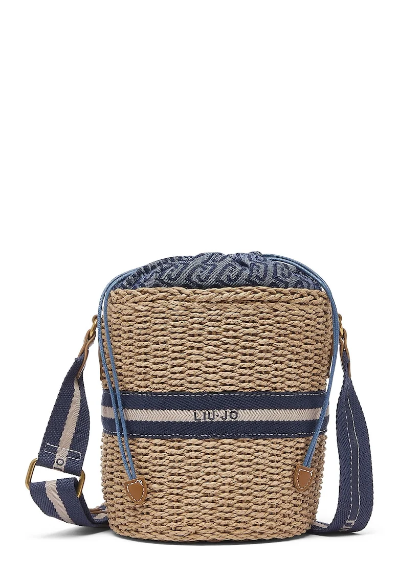 Geanta bucket de paie cu bareta ajustabila, Bej inchis/Albastru stins