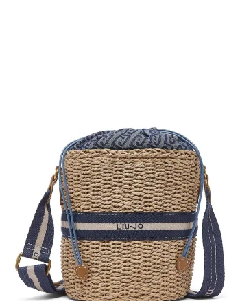 Geanta bucket de paie cu bareta ajustabila, Bej inchis/Albastru stins