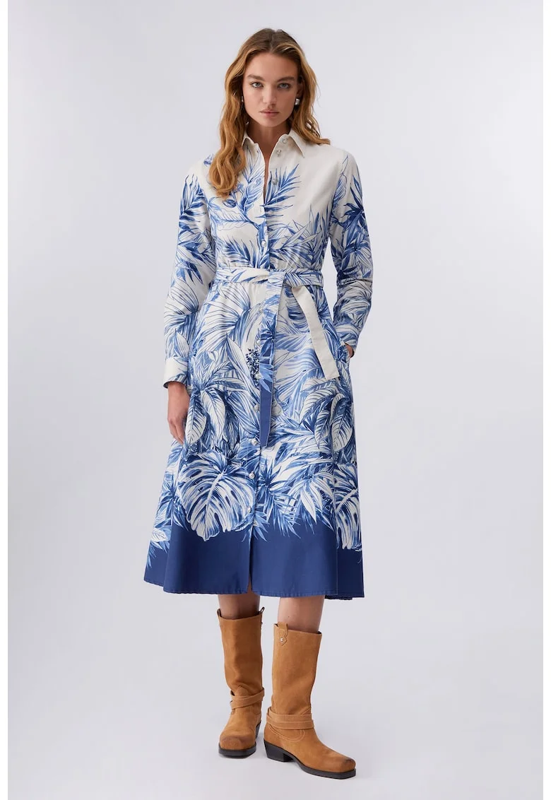 Rochie-camasa cu imprimeu tropical si buzunare laterale, Alb/Albastru