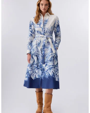 Rochie-camasa cu imprimeu tropical si buzunare laterale, Alb/Albastru