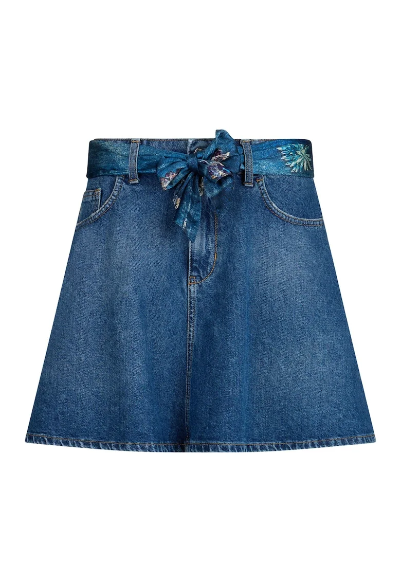 Fusta mini evazata din denim cu cordon, Albastru