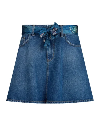 Fusta mini evazata din denim cu cordon, Albastru