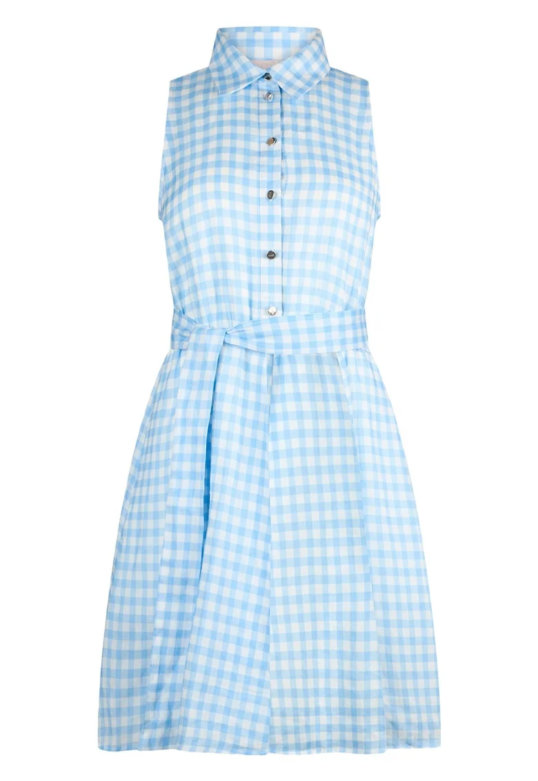 Rochie-camasa din ramie evazata cu model in carouri, Albastru deschis