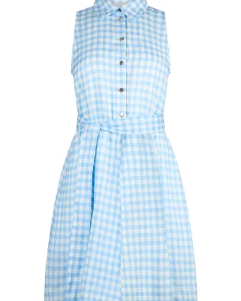 Rochie-camasa din ramie evazata cu model in carouri, Albastru deschis