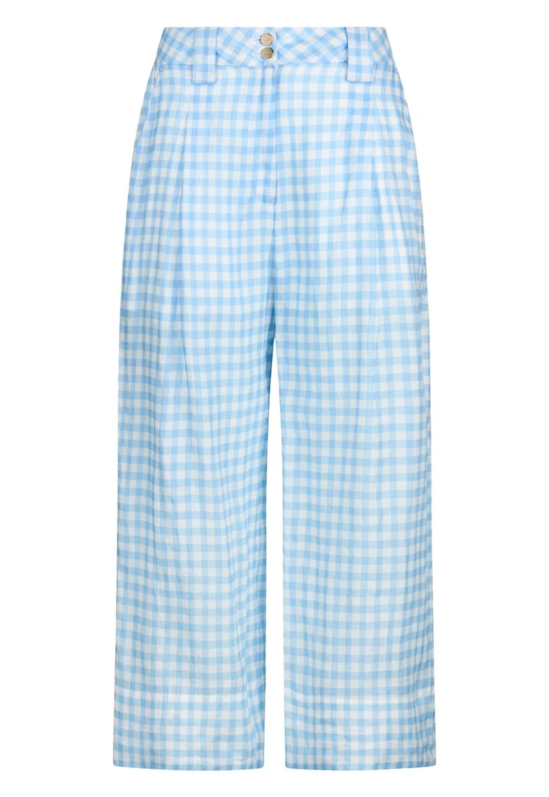 Pantaloni de ramie cu croiala ampla si model in carouri, Albastru deschis