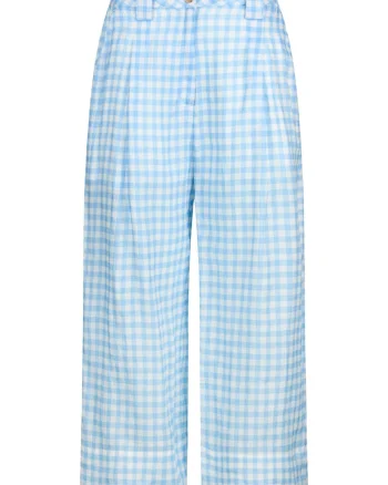 Pantaloni de ramie cu croiala ampla si model in carouri, Albastru deschis