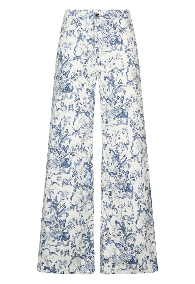 Pantaloni evazati cu imprimeu, Alb/Albastru stins