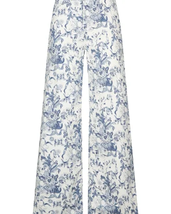 Pantaloni evazati cu imprimeu, Alb/Albastru stins