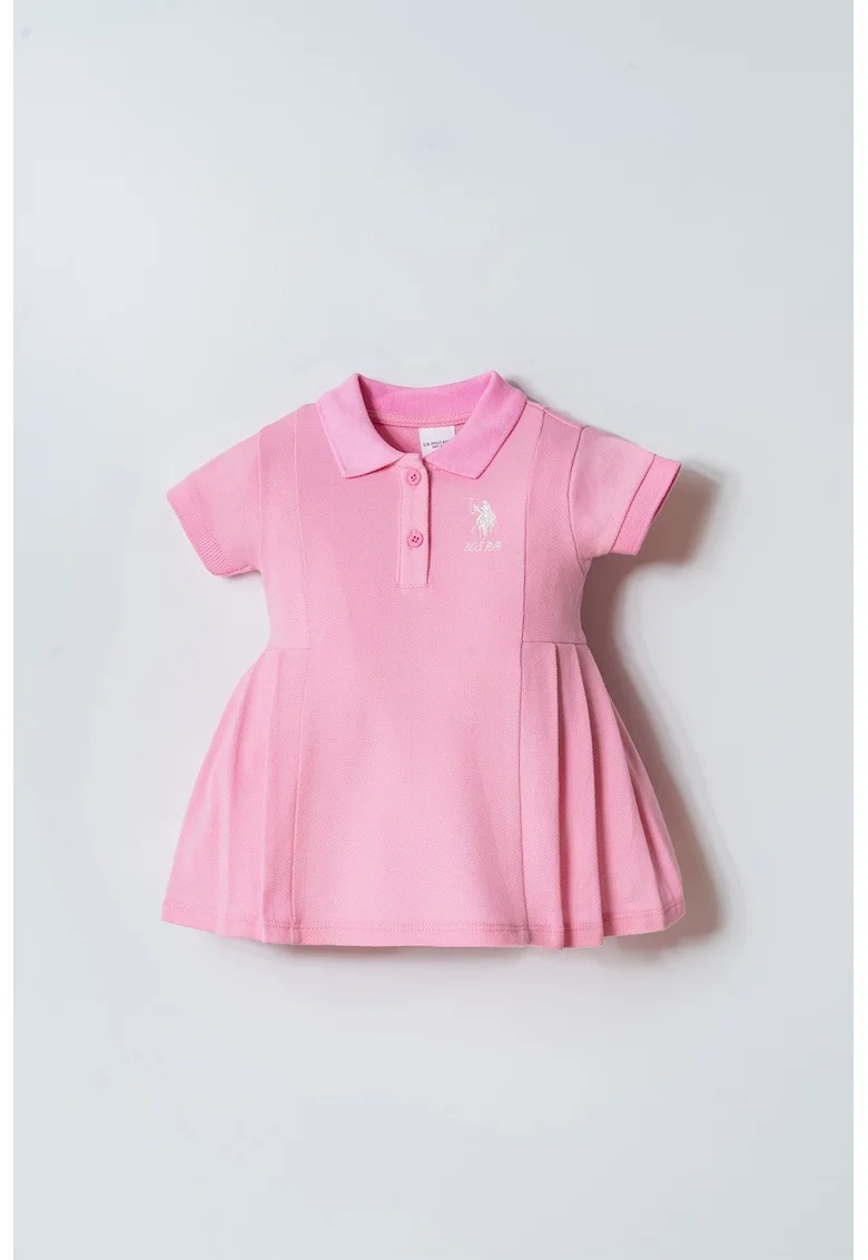 Rochie evazata din bumbac cu guler polo, Alb/Roz