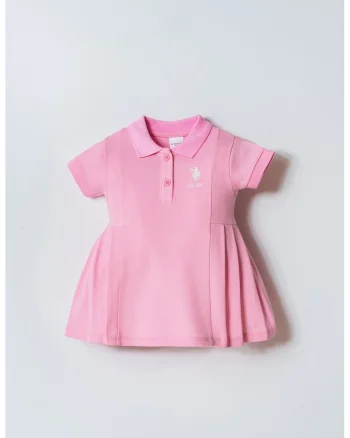 Rochie evazata din bumbac cu guler polo, Alb/Roz