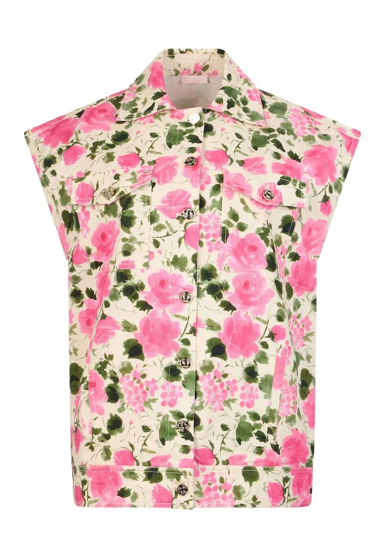 Jacheta cu maneci scurte si model floral, Roz/Crem