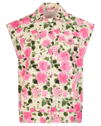Jacheta cu maneci scurte si model floral, Roz/Crem