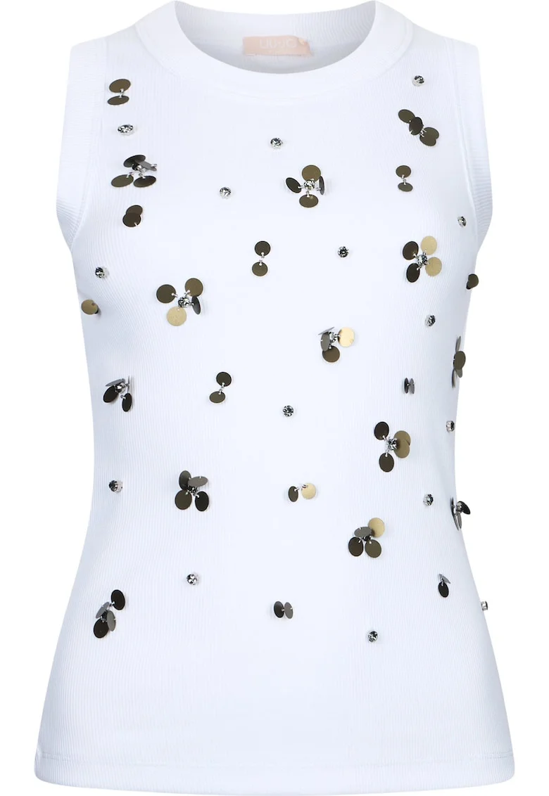 Top slim fit cu strasuri, Alb