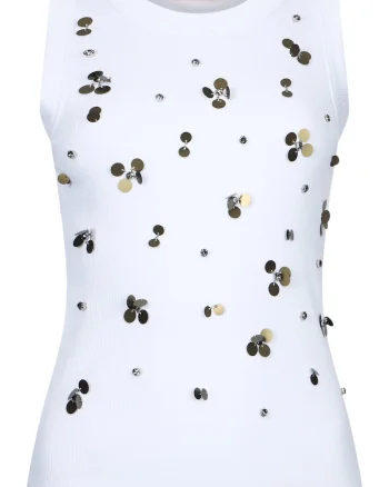 Top slim fit cu strasuri, Alb