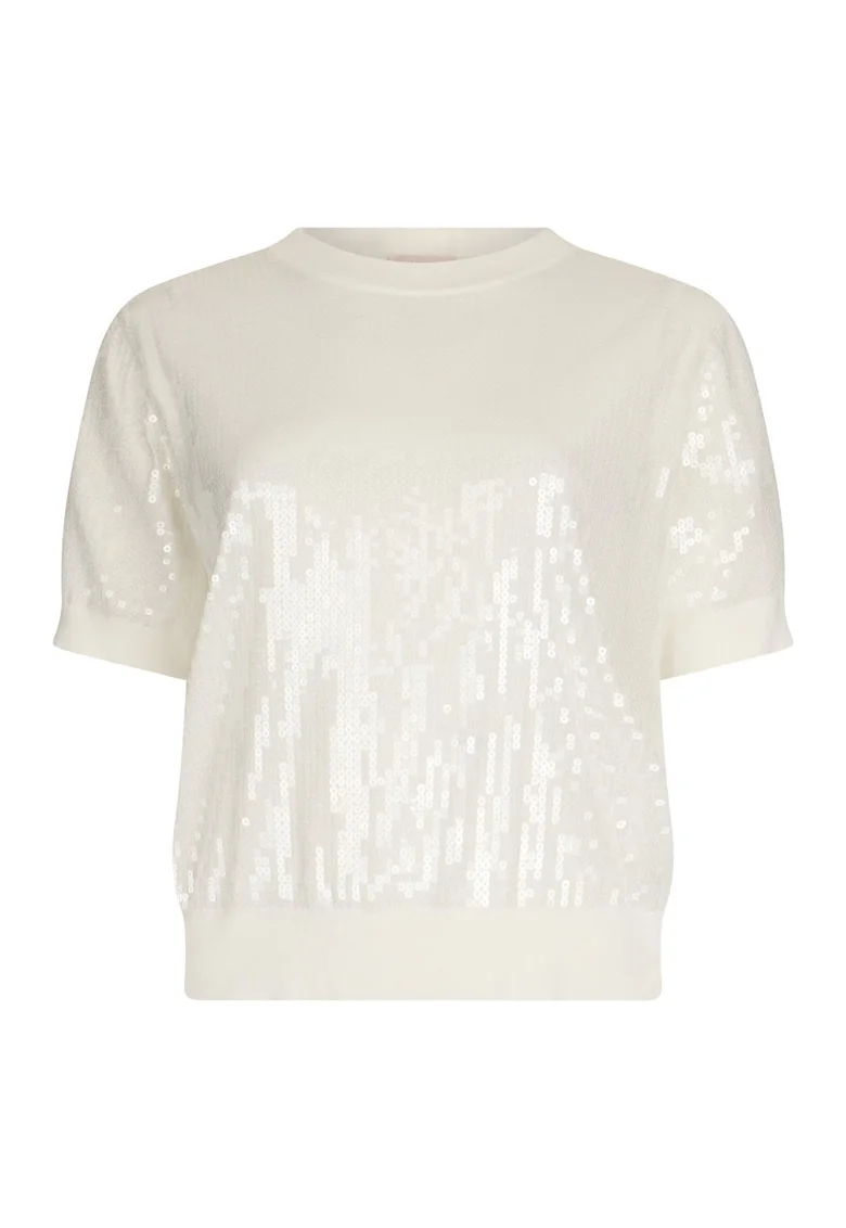 Tricou cu decolteu la baza gatului si paiete, Alb