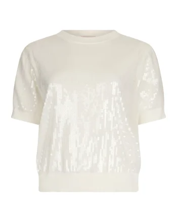 Tricou cu decolteu la baza gatului si paiete, Alb